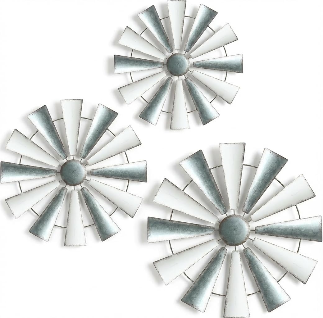 COLLECTIVE HOME - 3 Pcs Metal Windmill, White and Galvanized Hanging Wall Decor, Farmhouse Wall Sculpture, 3D 13/11/9.5 Inch Wall Art for Office Living Room Bedroom (Windmill, 2)